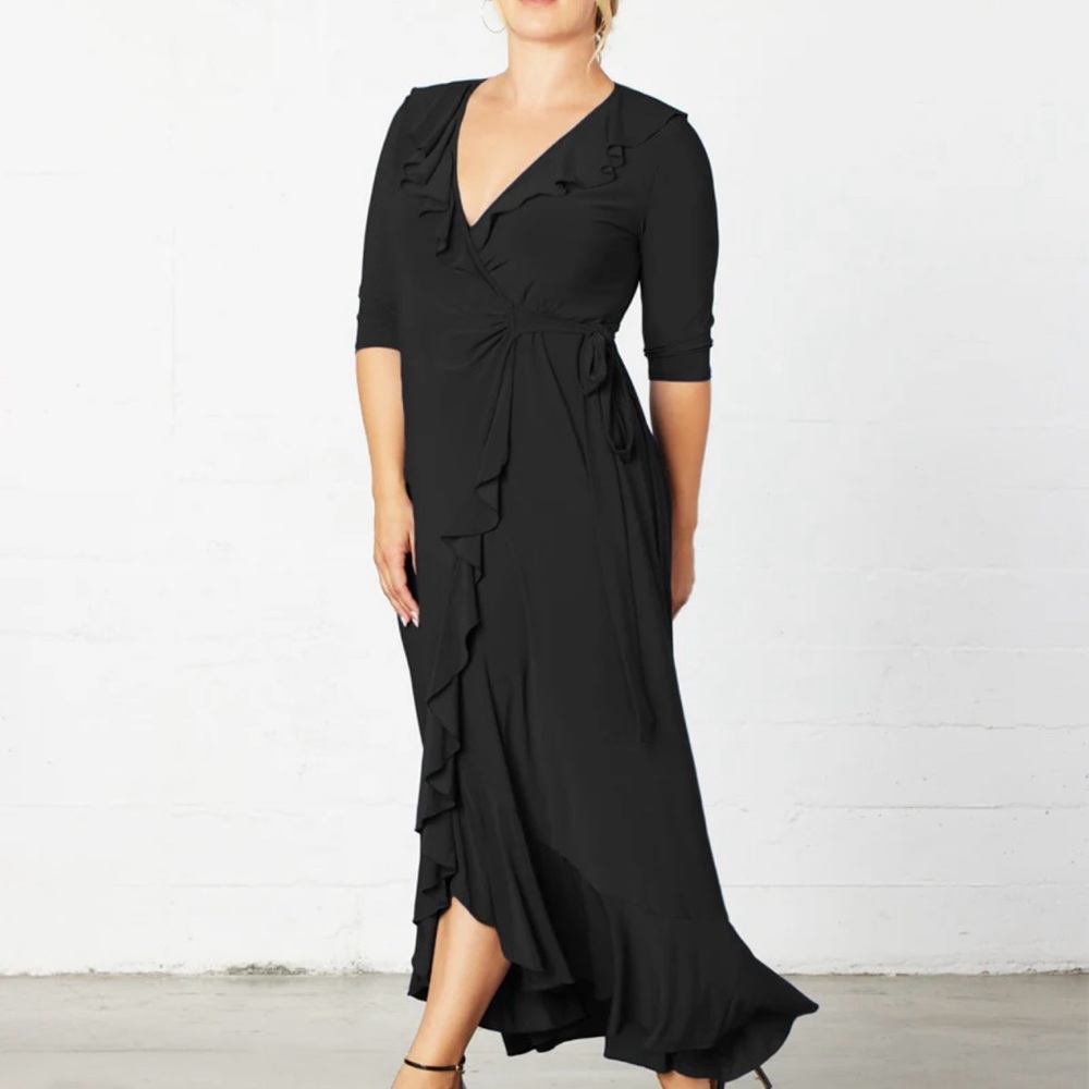 Kiyonna Black Asymmetrical Ruffled Wrap Gown